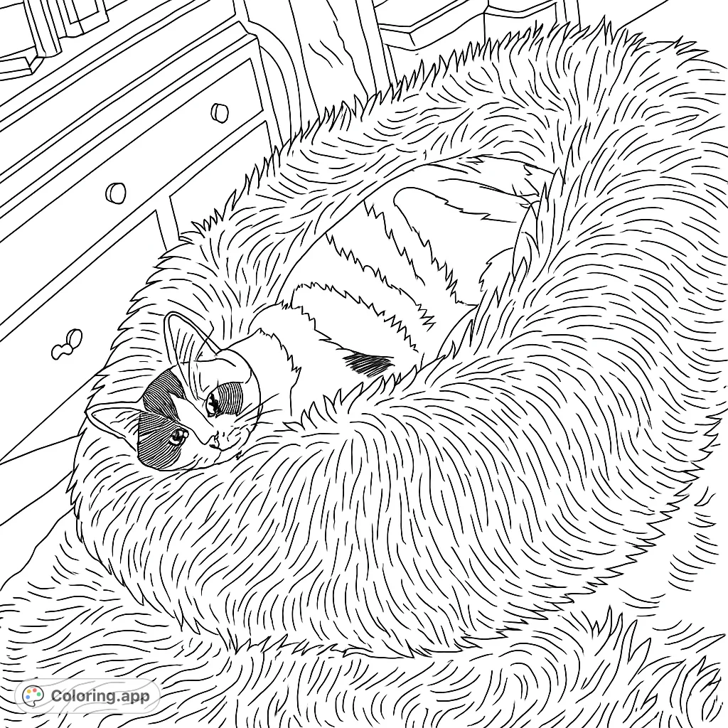 A delightful cat curled up in a super fluffy bed, perfect for a relaxing coloring session. This free printable cat coloring page offers cozy charm for all ages.