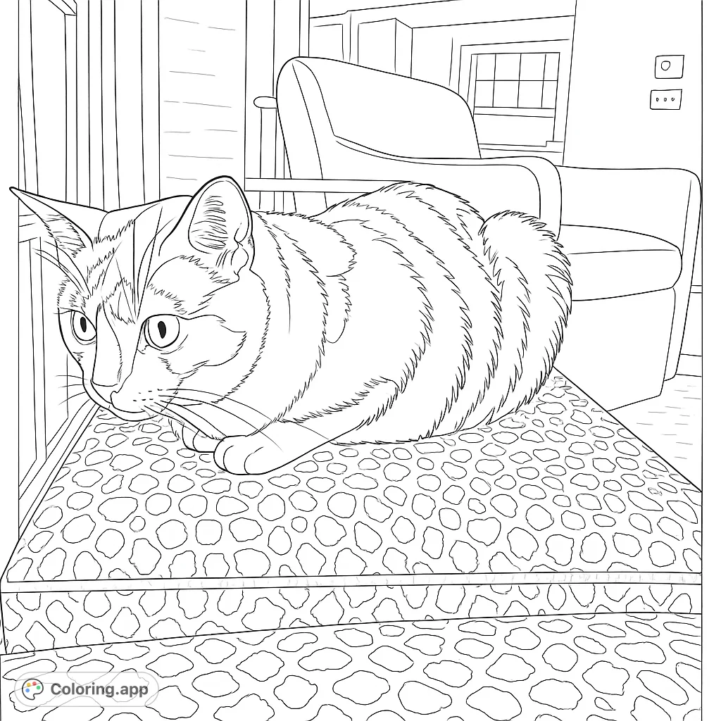 A charming cat coloring page featuring a domestic feline resting on a patterned cushion in a cozy room. Free printable coloring page for all ages.