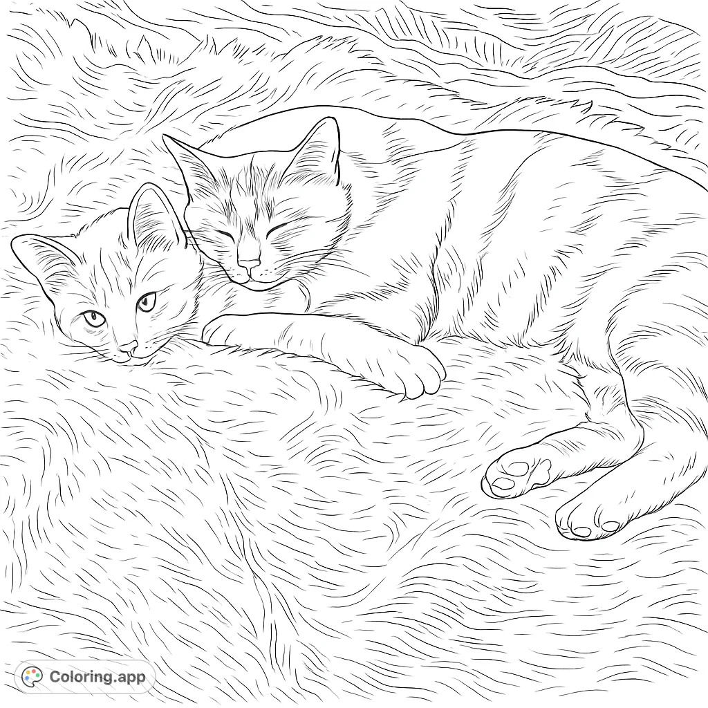 Adorable cats snuggled on a fluffy blanket. A peaceful scene perfect for animal lovers to color, featuring intricate fur textures and clear outlines.