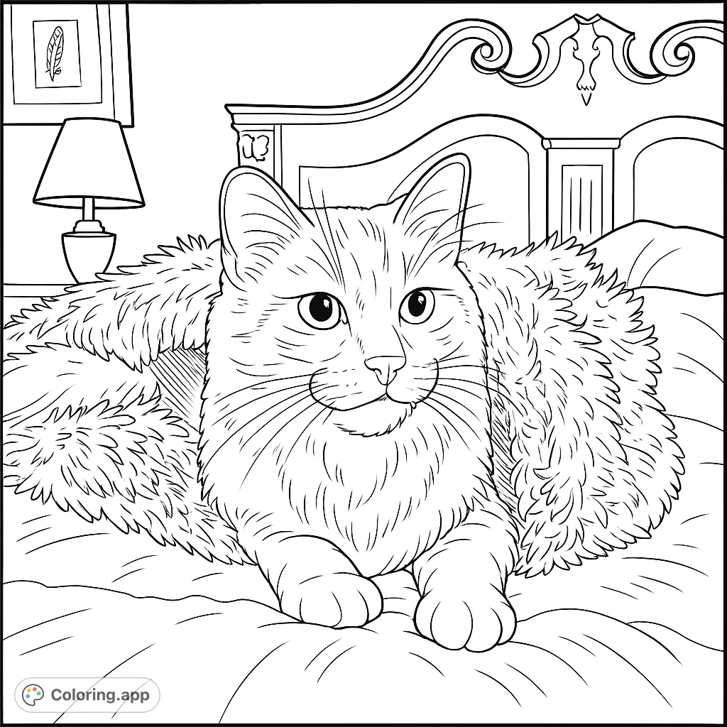 An adorable fluffy cat rests on a cozy bed, with an ornate headboard and a lamp. A charming pet coloring page for all ages.