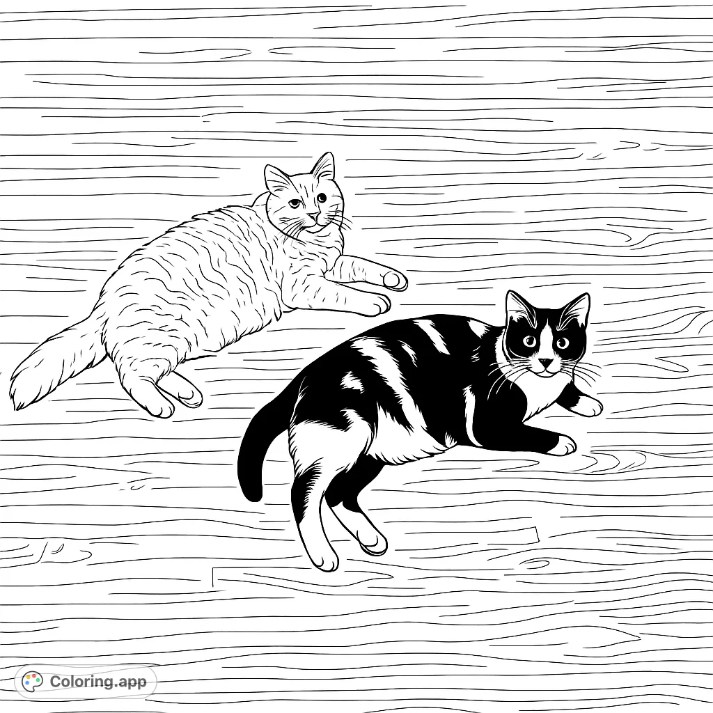 Two adorable cats relaxing on a wooden floor, a fluffy cat and a sleek tuxedo cat. A charming animal coloring page for all ages.