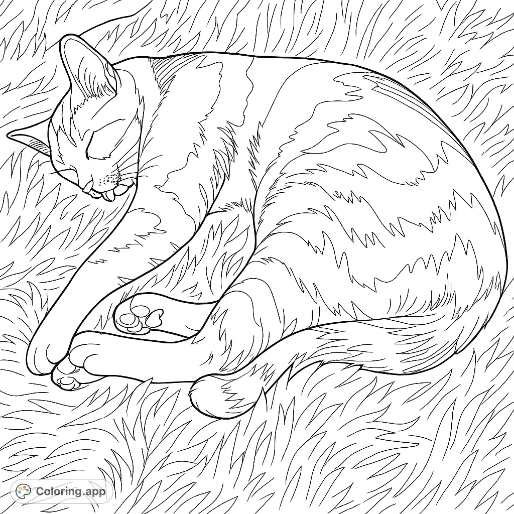 A cozy calico cat curled up asleep on a fluffy blanket. Perfect for a relaxing cat coloring page, free printable for all ages.