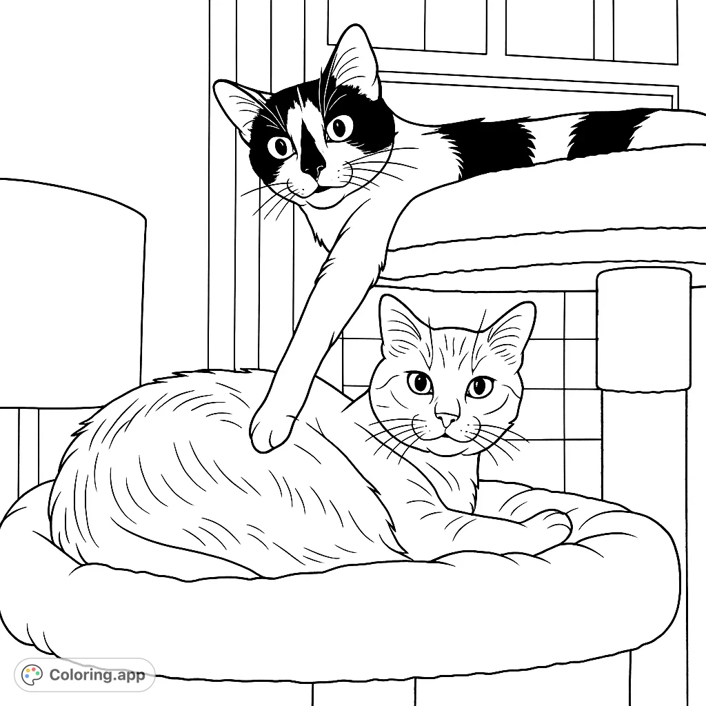 A charming cat coloring page featuring two feline friends on a cozy cat tree. Perfect free printable coloring page for cat lovers of all ages!