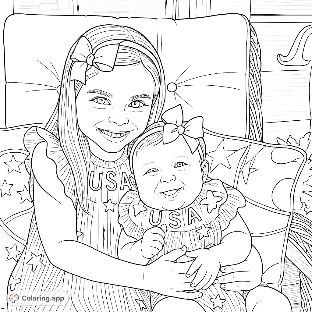Capture joy with this patriotic family coloring page featuring two smiling sisters in USA-themed outfits. Perfect for all ages!