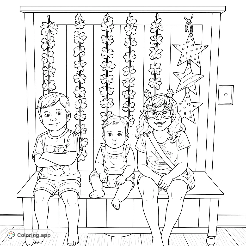 A heartwarming festive family portrait featuring three children on a bench with shamrock garlands and stars. A free printable celebration coloring page!
