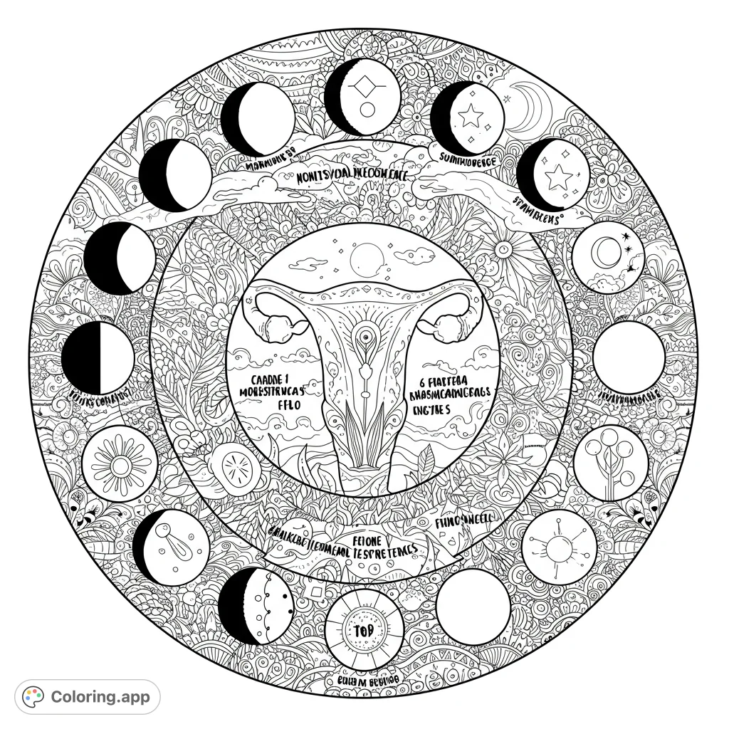 Intricate feminine cycle mandala coloring page featuring a stylized uterus, moon phases, and detailed floral patterns. A free printable coloring page for adults.