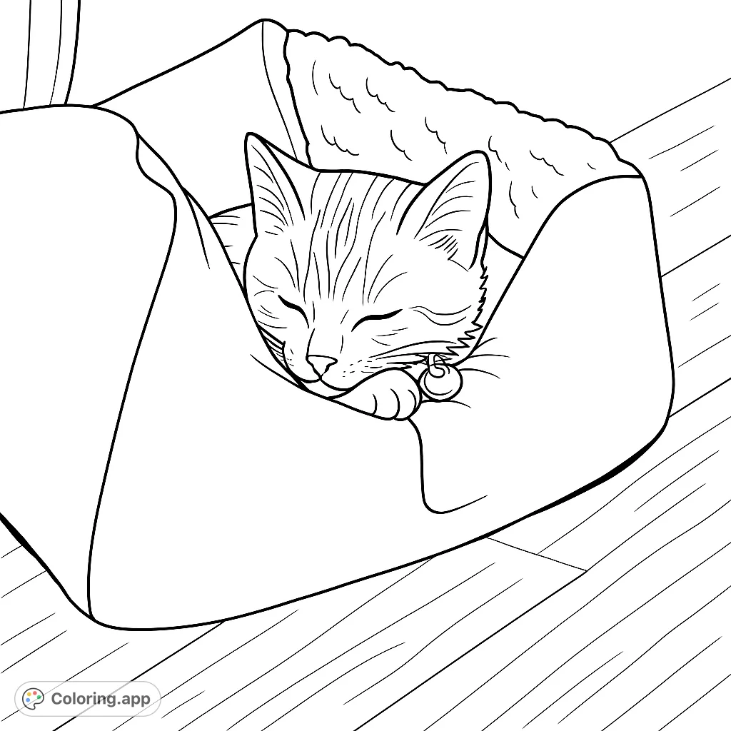 A peaceful sleeping cat in a plush bed on a wooden floor. A cozy cat coloring page, perfect for relaxation and animal lovers.
