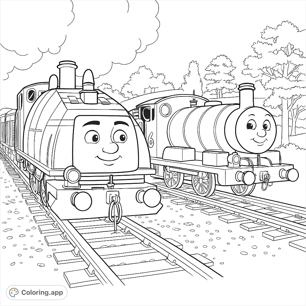Two cheerful trains, a streamlined engine and a classic steam train, smile on parallel tracks amidst clouds and trees. Perfect for kids!