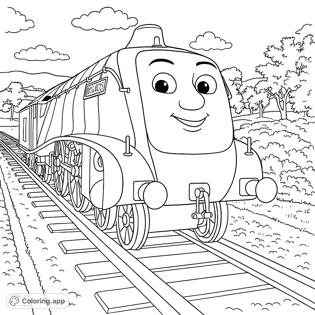 A friendly streamlined train, Spencer, on tracks in a scenic landscape. Perfect for train enthusiasts and a fun free printable coloring page.