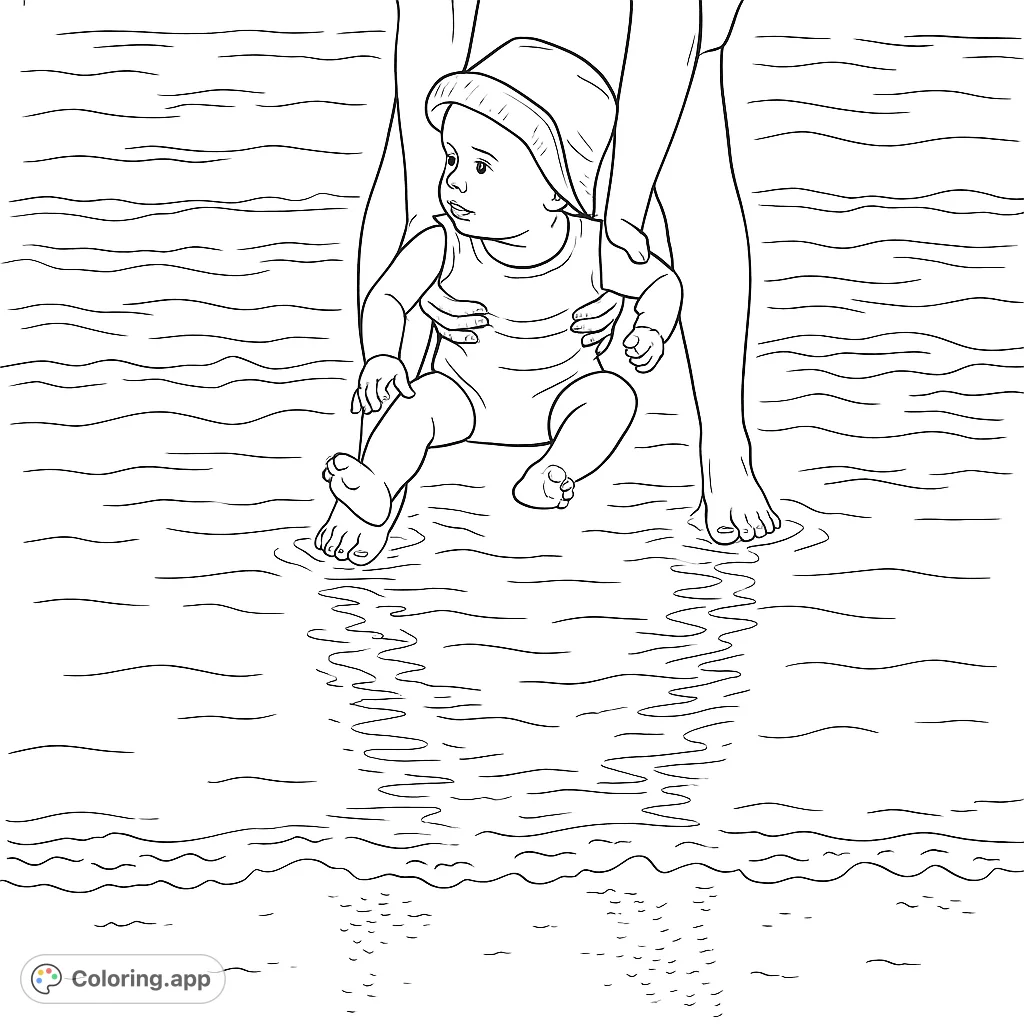 A sweet baby's first encounter with water, gently held by an adult. Features rippling water and a curious baby in a hat.