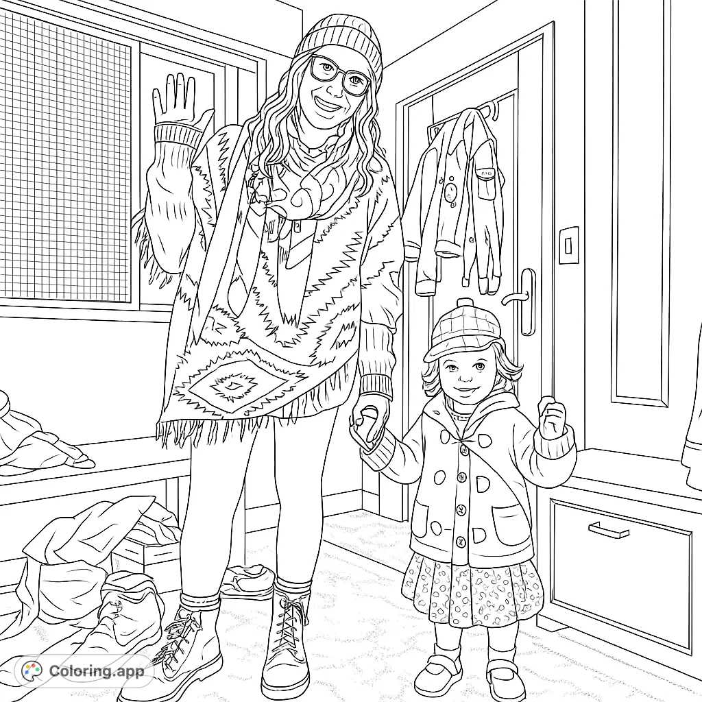 A heartwarming family entryway scene featuring a woman and child in cozy winter attire, ready for an adventure. Perfect for all ages!