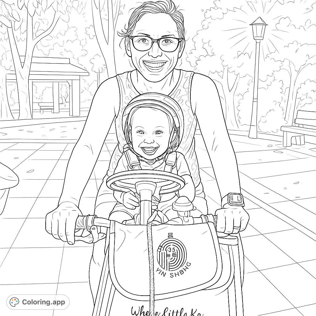 A joyful family coloring page featuring a smiling mother and baby on a ride-on toy in a park. Perfect for free printable coloring page fun!