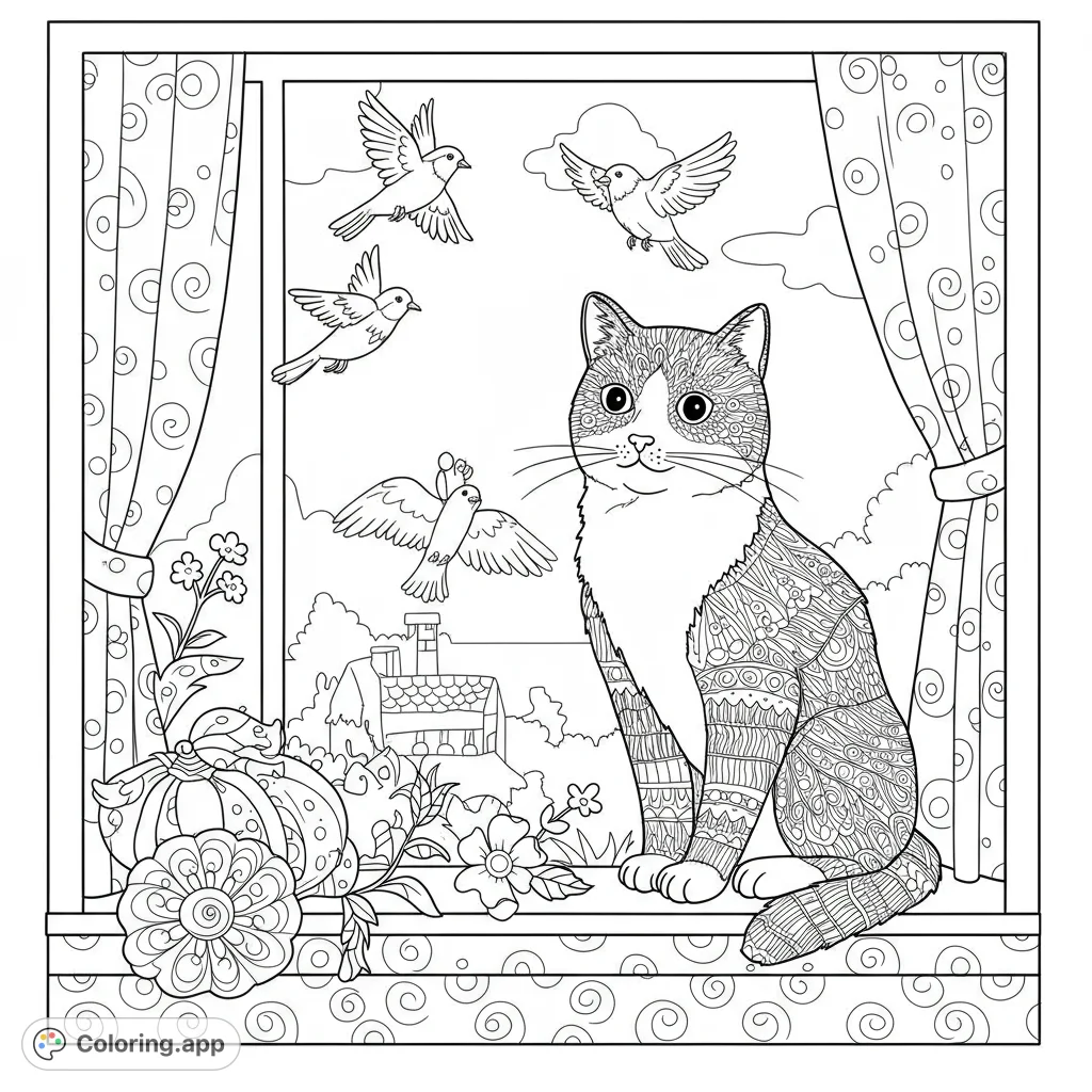 An intricate cat coloring page featuring a patterned cat on a window sill with birds, a pumpkin, and flowers, overlooking a charming rural scene.