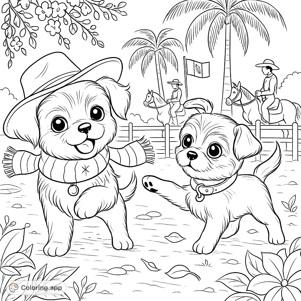 Adorable puppies celebrate in a festive Mexican scene with cowboys, horses, and the Mexican flag. A delightful coloring page for kids!