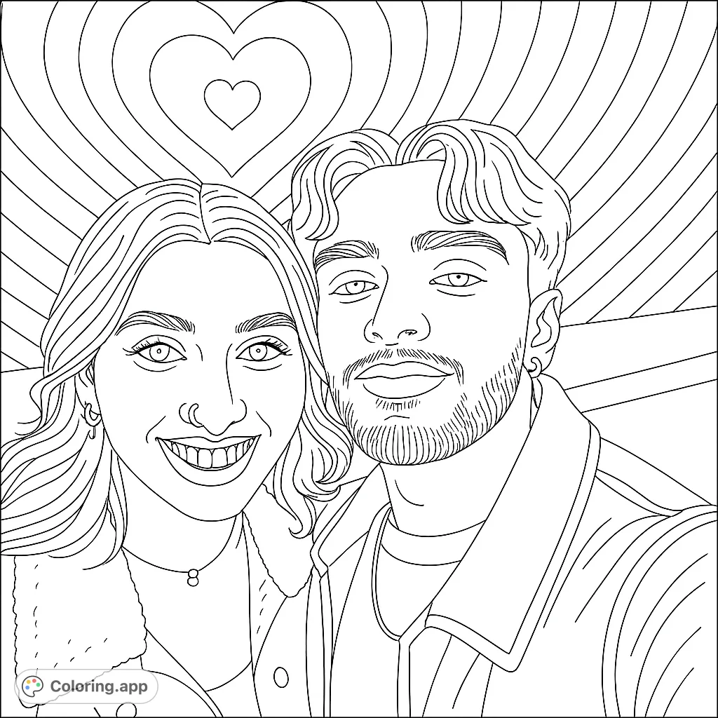 A joyful couple smiles against a backdrop of concentric hearts and radiating lines, perfect for a romantic coloring page.