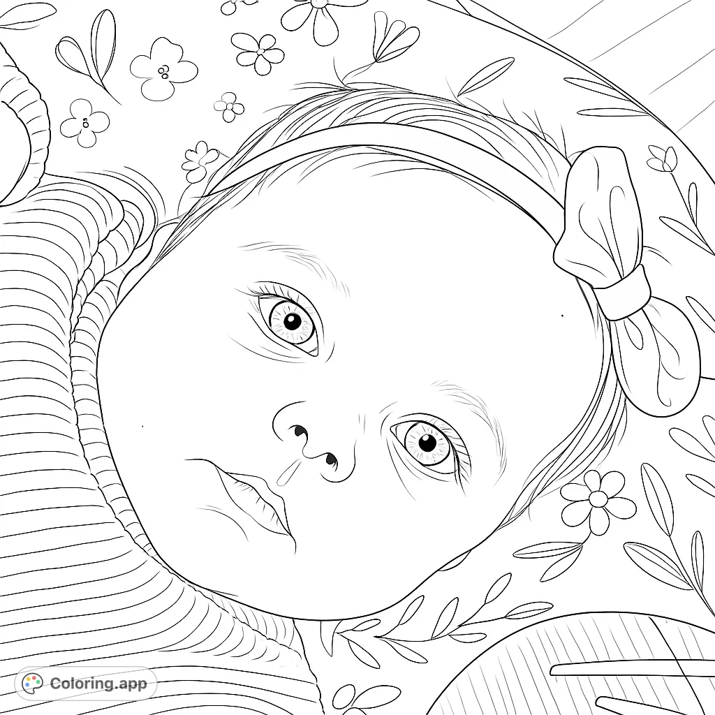 Adorable baby coloring page featuring a sweet infant with a bow headband amidst charming floral patterns. Perfect for a relaxing and heartwarming coloring experience.