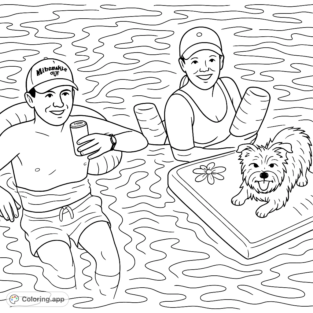 Enjoy a summer water day with a smiling couple and their happy dog on a floating mat. Perfect for a relaxing, free printable coloring page!
