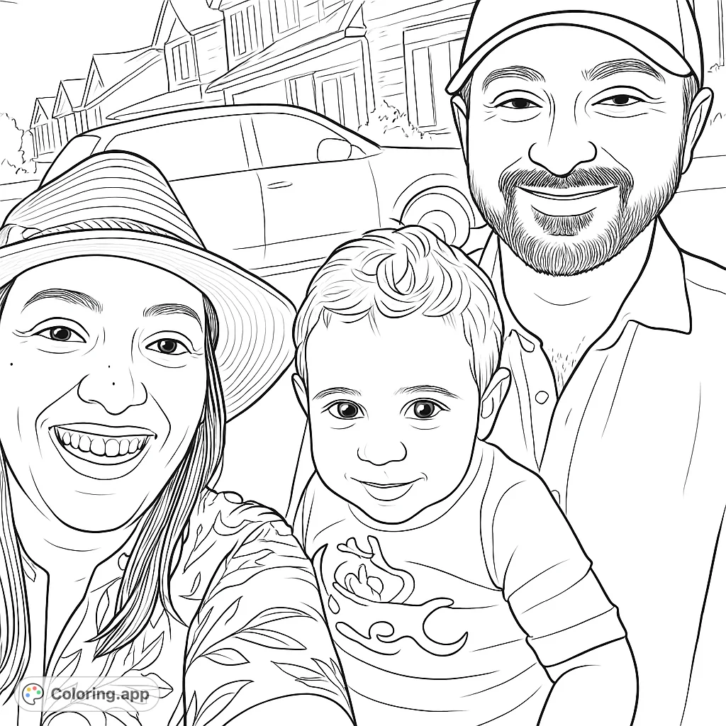 Capture joy with this family portrait coloring page featuring a smiling couple and their baby, set against a charming neighborhood backdrop.