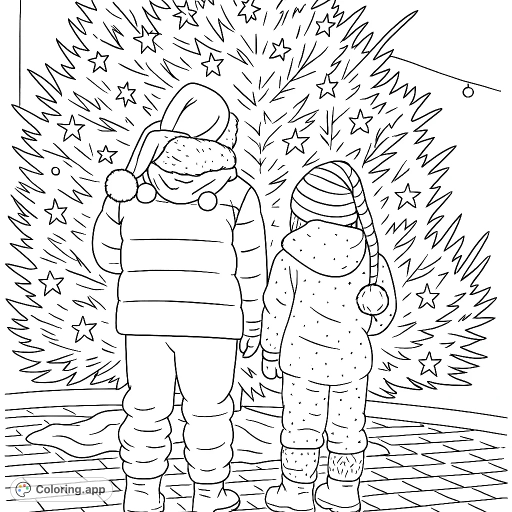 Two children gaze at a festive Christmas tree, adorned with stars, in this heartwarming holiday scene. A free printable Christmas coloring page for all ages.