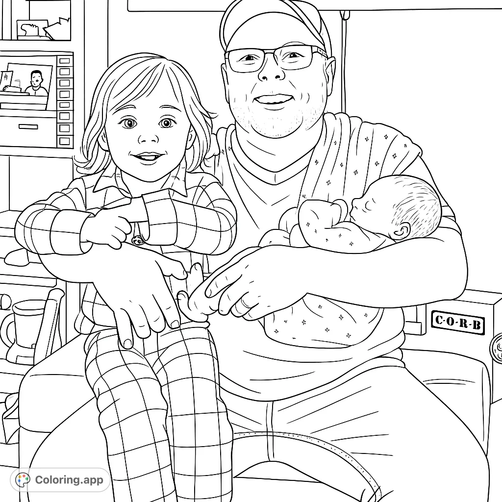 A heartwarming family portrait coloring page featuring a father with his two children, perfect for celebrating family bonds. Free printable coloring page for all ages.