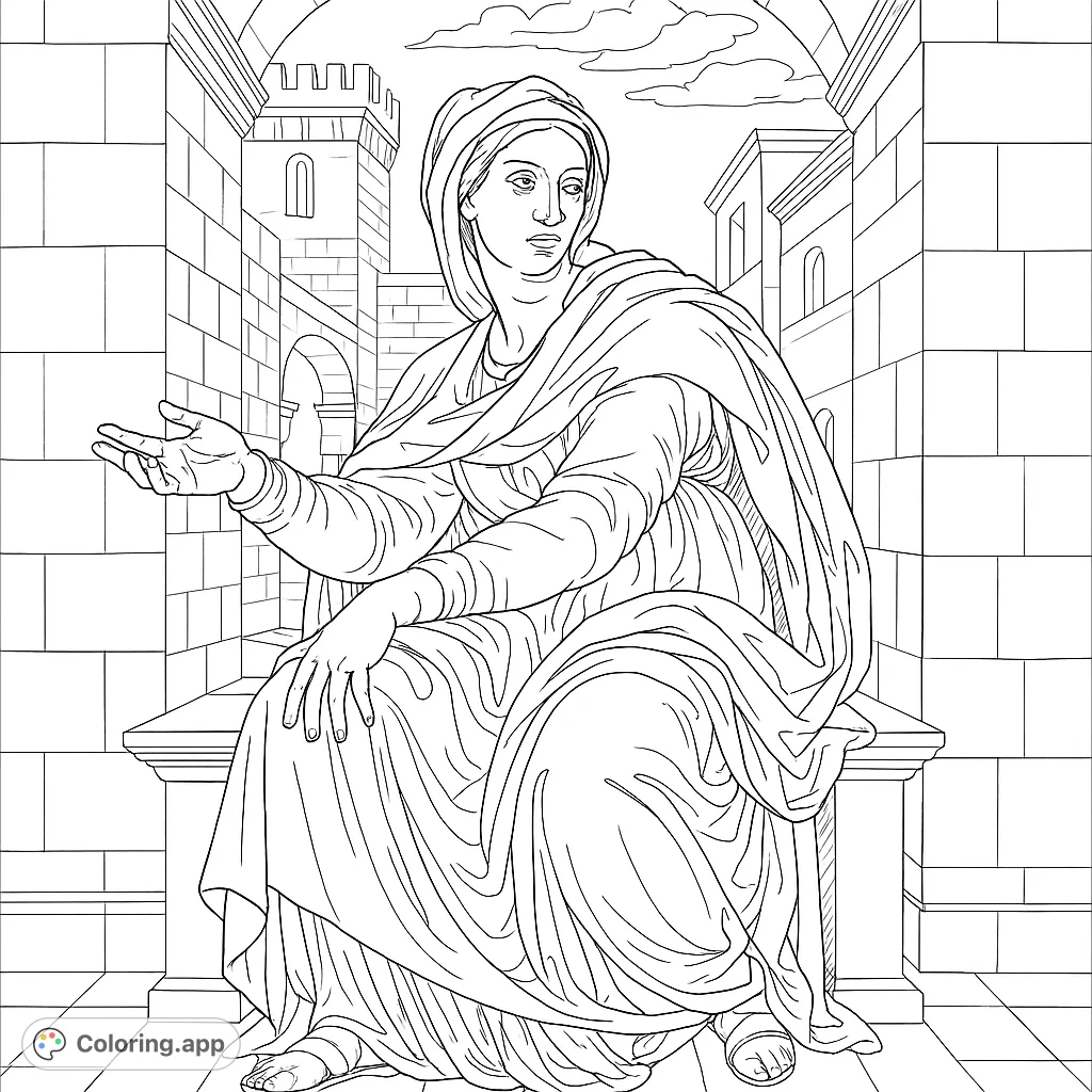 Detailed coloring page of a seated woman in classical robes, set against an architectural backdrop. A beautiful and intricate design for art lovers.