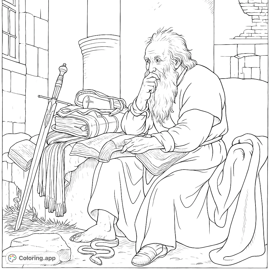 A detailed historical scholar coloring page featuring an elderly scribe deep in thought, writing on a large book, surrounded by ancient texts.