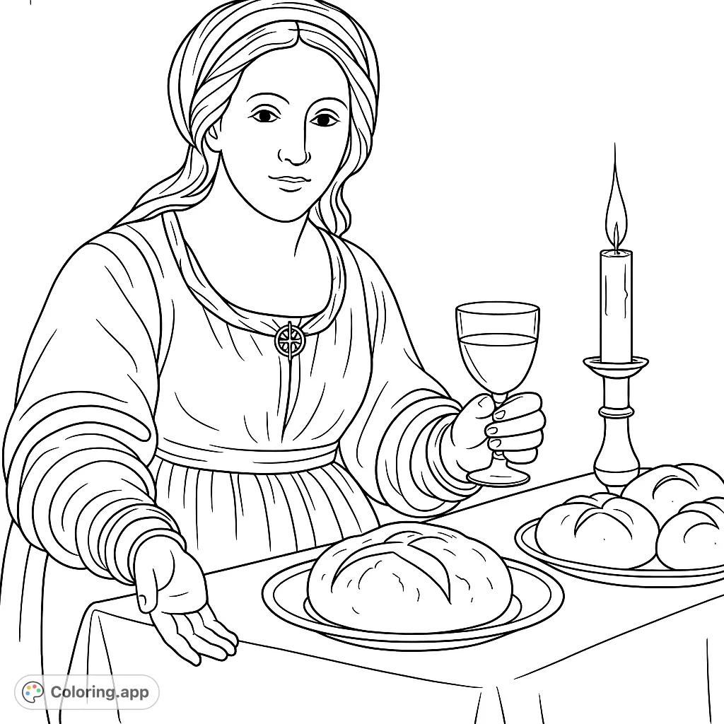 Color a serene historical portrait of a woman at a candlelit table with bread and wine, perfect for a peaceful creative escape.