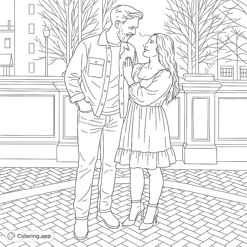 A romantic couple shares a tender moment in a city park, perfect for a love-themed coloring page. Features intricate details and a charming urban background.