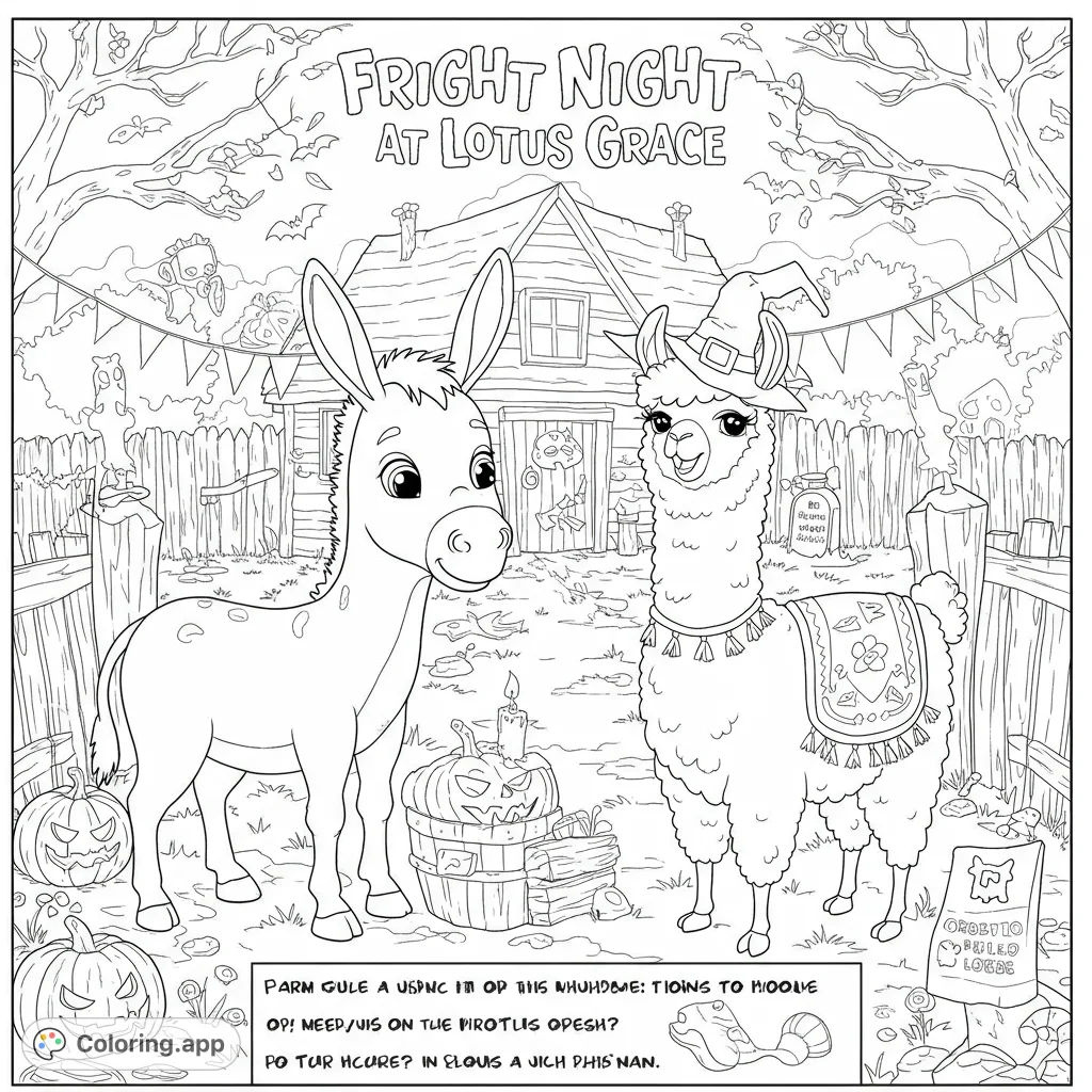 A delightful Halloween farm scene with a friendly donkey and a festive llama in a witch hat, surrounded by pumpkins and spooky decorations. Perfect for festive fun!