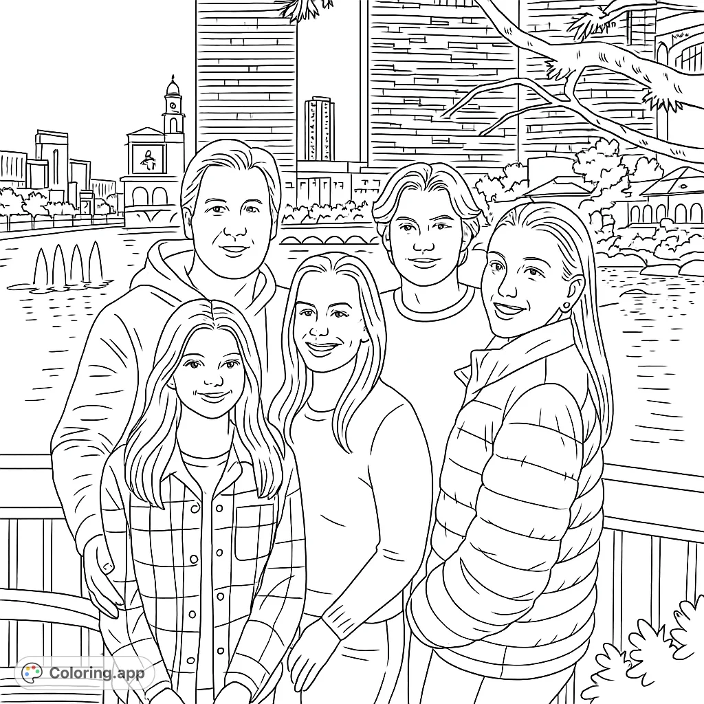 Capture a heartwarming family moment by the river. This free printable family portrait coloring page features five smiling individuals against a detailed city skyline.