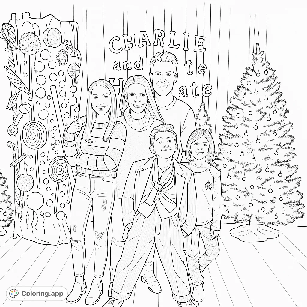 A heartwarming holiday family portrait featuring two adults and three children amidst festive candy decorations and Christmas trees. Perfect for a joyful coloring experience.