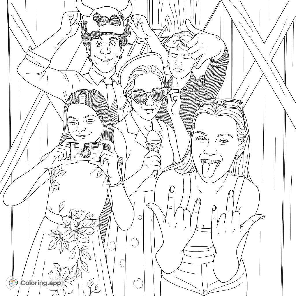 Capture the joy of friendship with this lively photo booth scene! Five friends strike playful poses with fun props, ready for your creative colors.