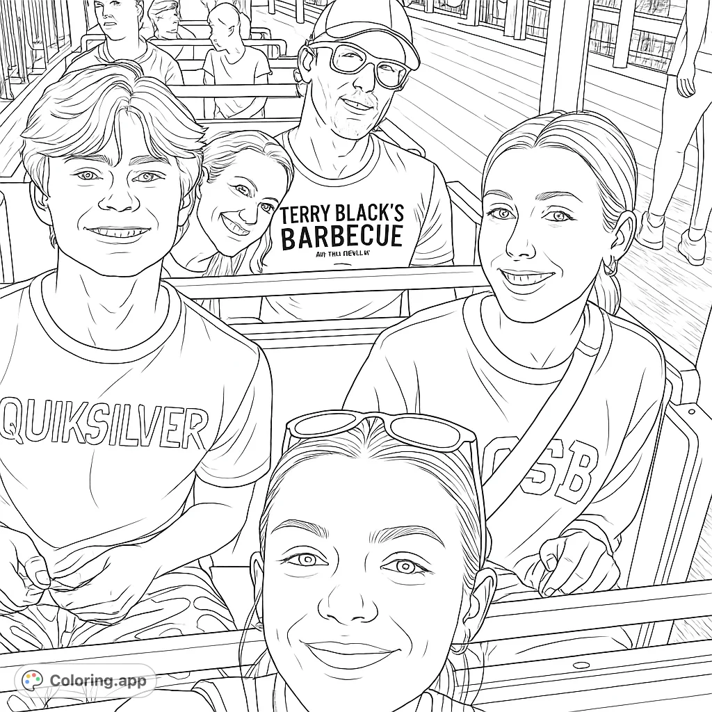 Joyful group selfie on a ride, perfect for family fun coloring. Free printable coloring page for kids and adults.