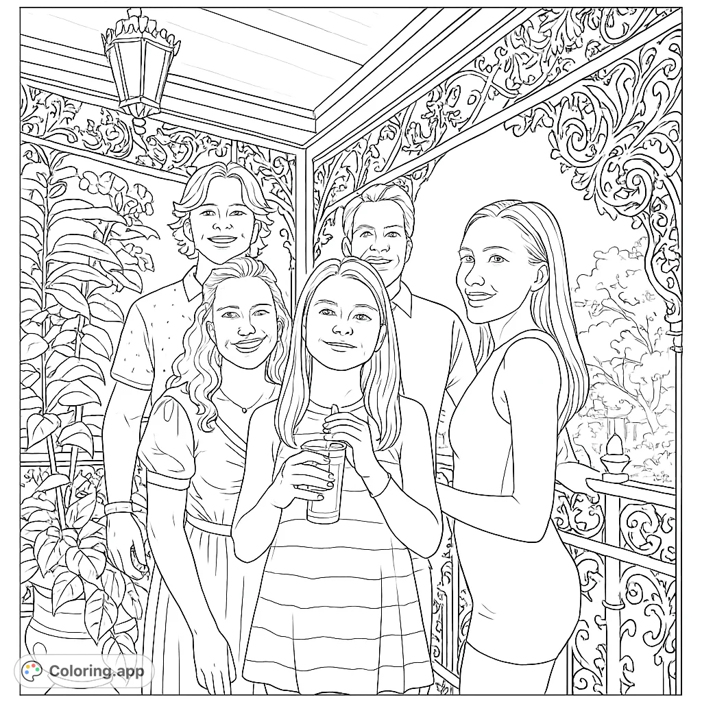 A heartwarming family portrait on a beautifully detailed porch. Five smiling individuals, including a child, enjoy a joyful moment amidst ornate railings and lush plants.