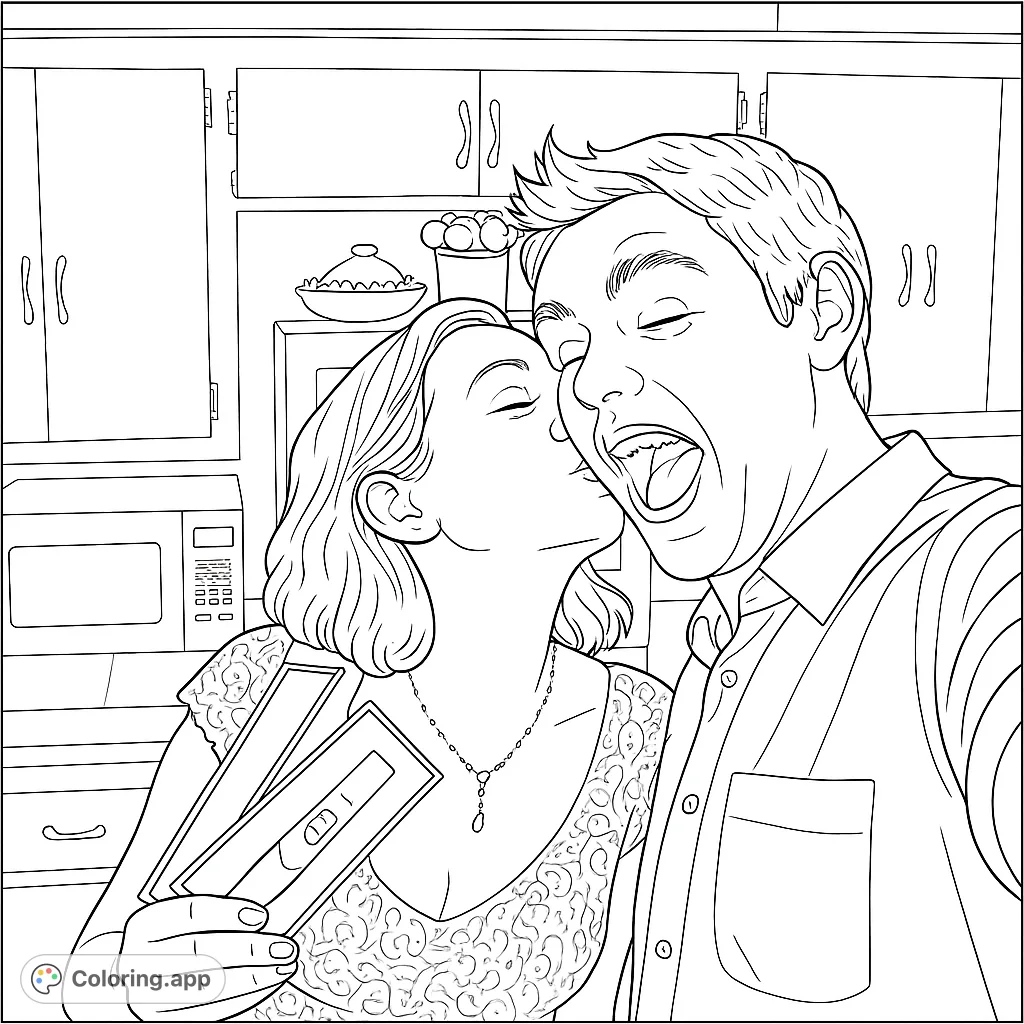 A heartwarming pregnancy announcement coloring page featuring a woman kissing a surprised man while holding positive tests in a kitchen.