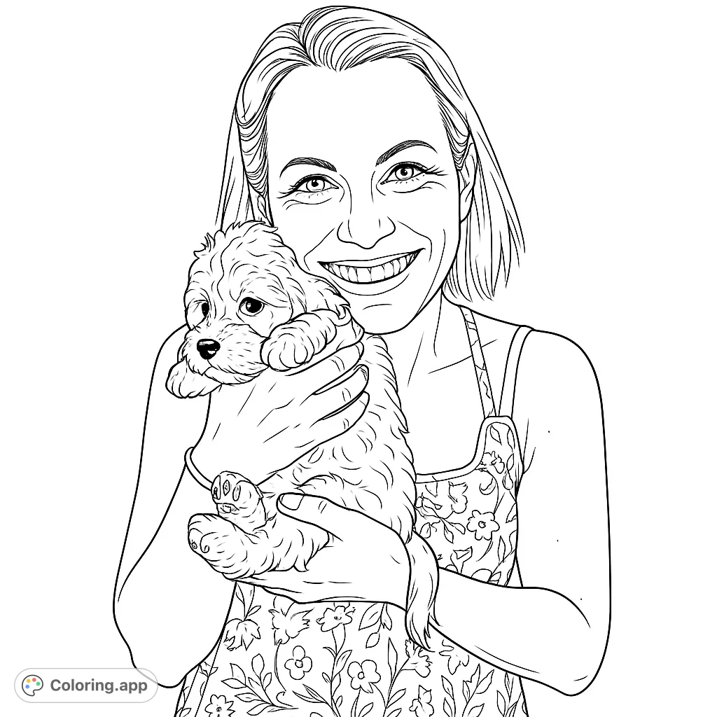 A heartwarming woman and puppy coloring page, featuring a smiling woman embracing a fluffy puppy. Perfect for pet lovers and a free printable coloring page.