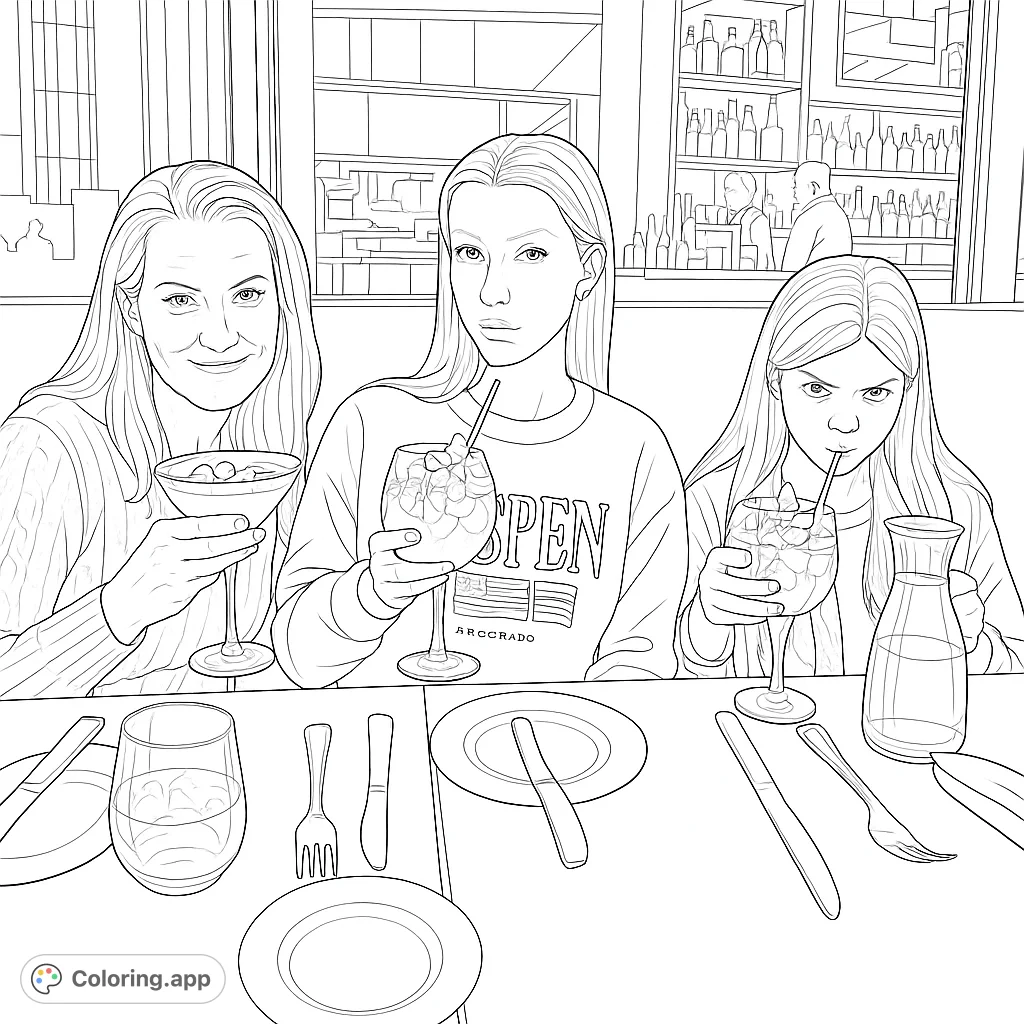 Three women enjoy a lively restaurant outing, with drinks and a detailed bar background. A perfect family restaurant coloring page.