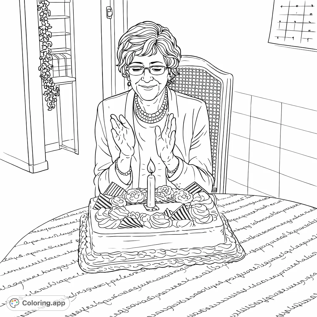Celebrate a special moment with this heartwarming coloring page. Features a smiling woman, a festive cake with a candle, and charming details.