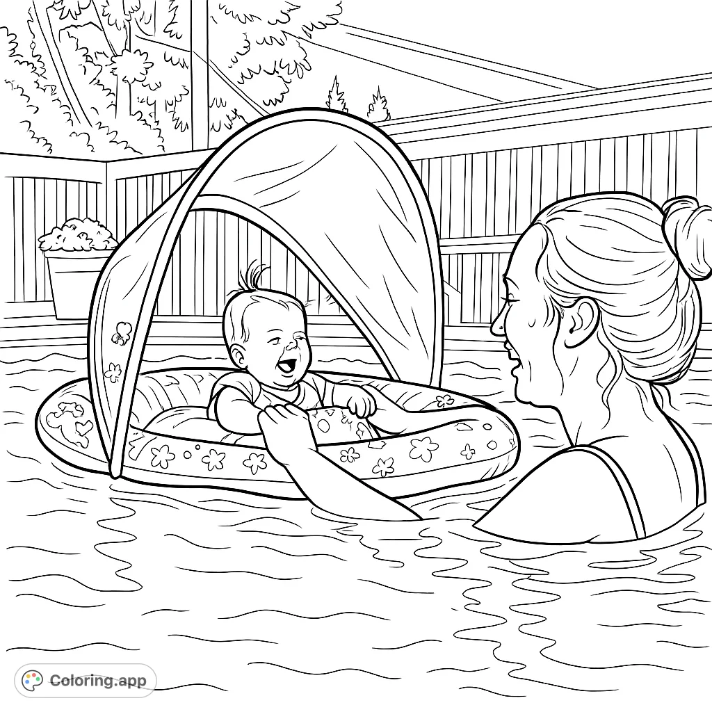 Dive into summer fun with a baby in a float and an adult in a pool. A delightful scene for a relaxing coloring experience.