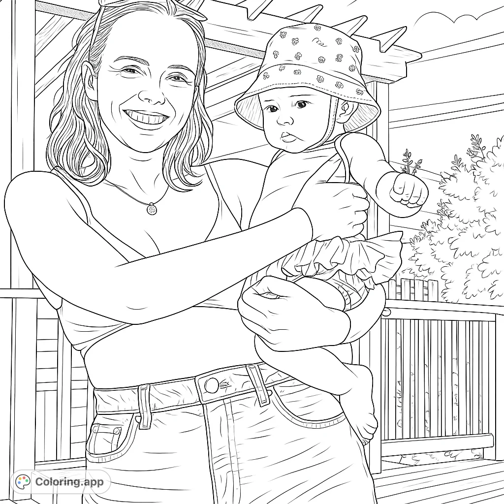 A heartwarming mother and baby coloring page, featuring a smiling woman holding her infant, set against a summer outdoor backdrop.