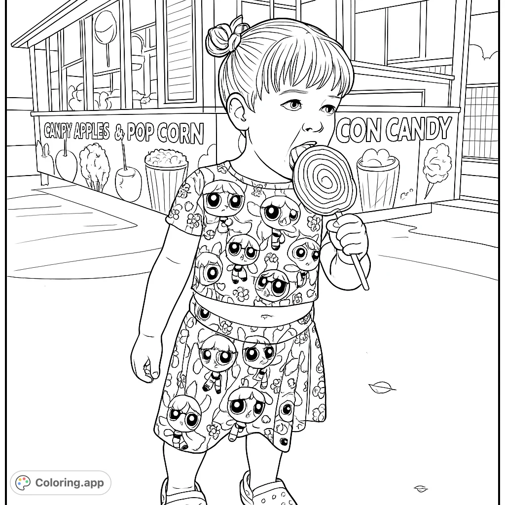 A joyful child enjoys a giant lollipop at a vibrant candy stand, featuring detailed patterns on her outfit and fun treats in the background. Perfect for a sweet coloring adventure!