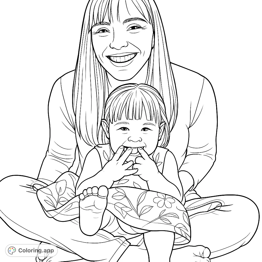 A heartwarming mother and child coloring page featuring a smiling woman and a playful toddler in a floral dress, perfect for family-themed coloring fun.
