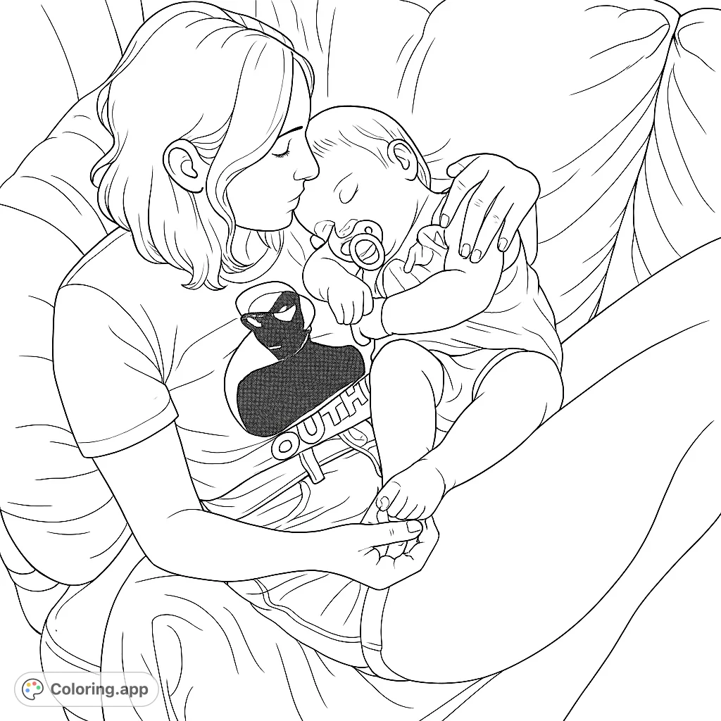 A heartwarming scene of a mother gently kissing her sleeping baby, nestled together on a cozy couch. A tender moment of love and comfort.