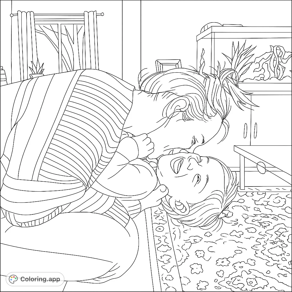 A heartwarming family love coloring page featuring a mother kissing her joyful baby, perfect for celebrating special bonds.