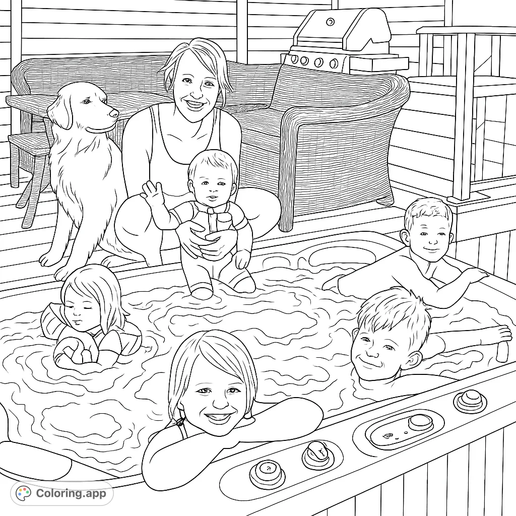 A heartwarming family hot tub coloring page featuring a mom, baby, kids, and dog on a deck. Perfect free printable coloring page for family fun!