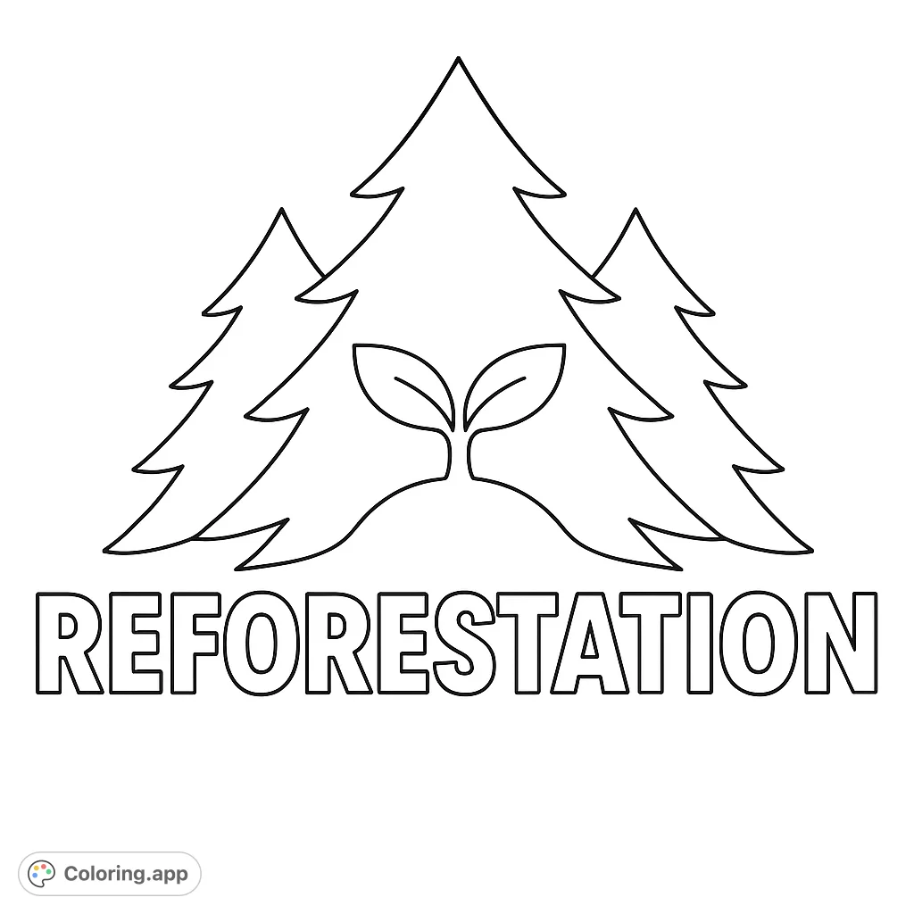 A serene nature coloring page featuring three evergreen trees and a new sprout, symbolizing growth and reforestation. Perfect for nature lovers.