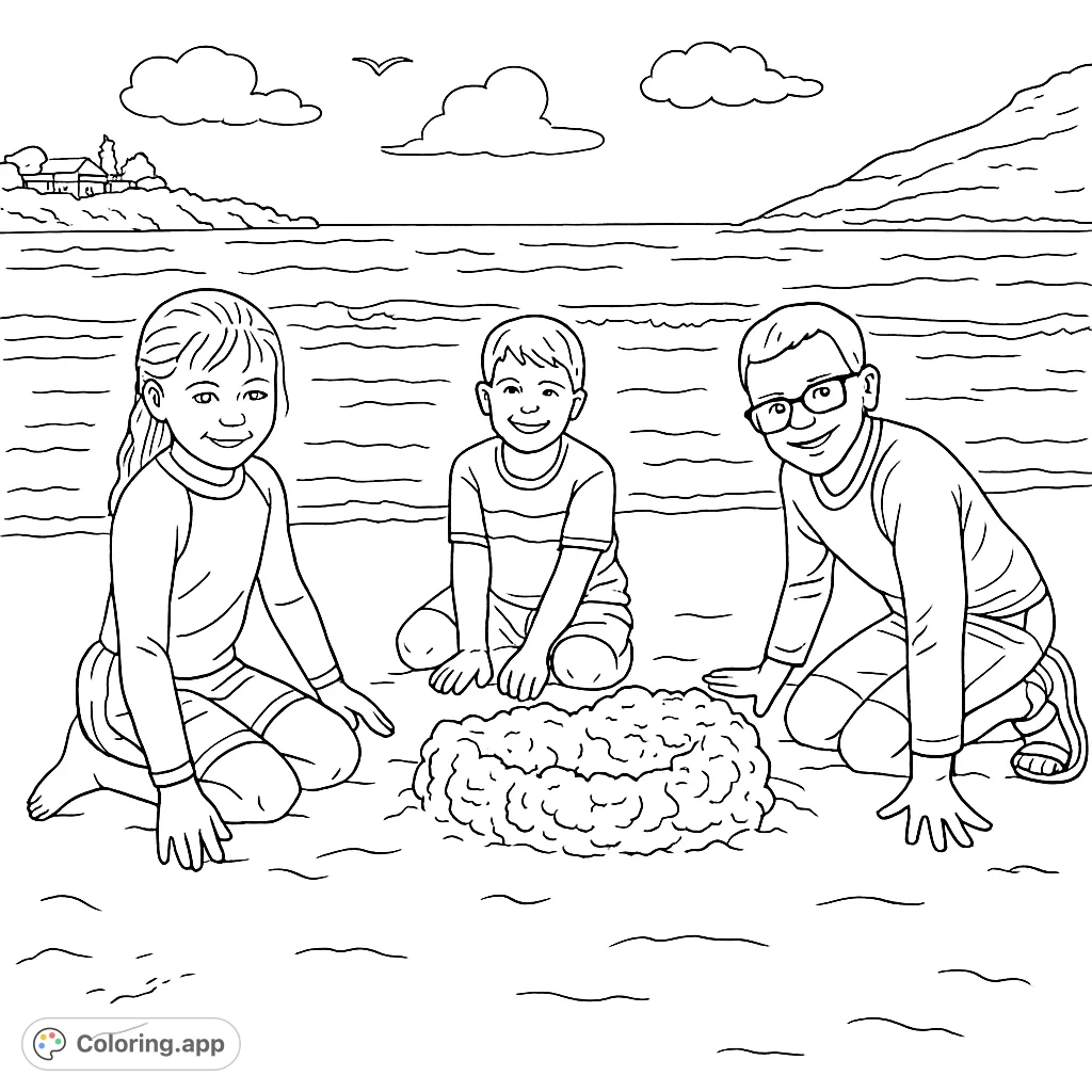 Three happy kids build a sandcastle on a sunny beach. Perfect for a fun, free printable beach coloring page for kids and adults.