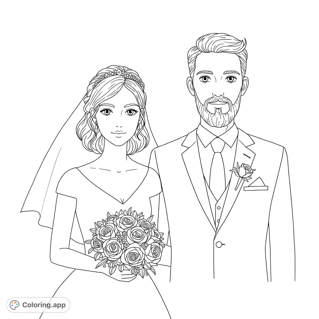 A beautiful wedding couple, bride in elegant gown with bouquet, groom in sharp suit. Perfect for celebrating love and special occasions.