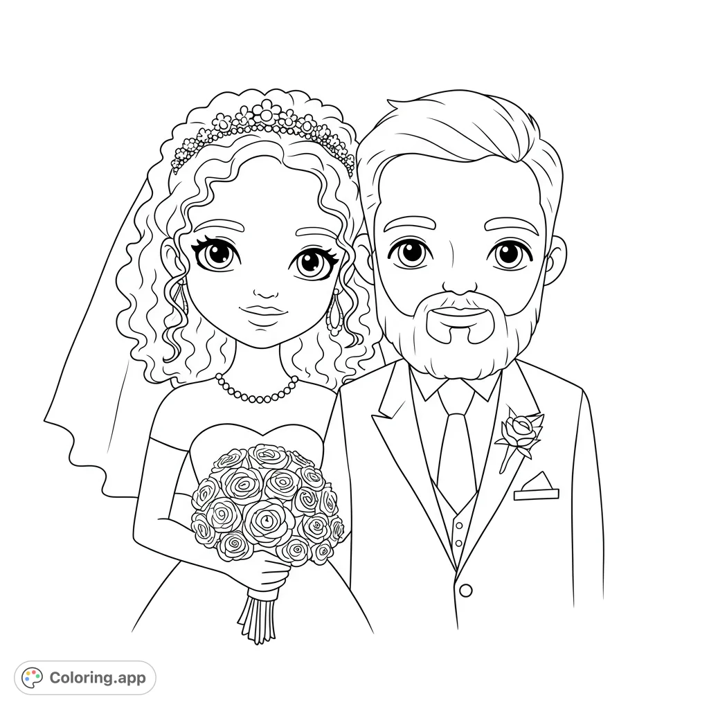 A charming wedding couple, bride with bouquet and groom in suit, ready for your creative touch. Perfect for celebrating love and special moments.