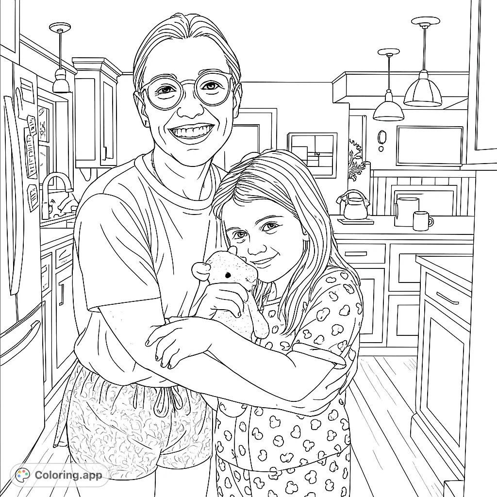 A heartwarming kitchen scene featuring a smiling adult and child embracing, with a teddy bear. Perfect for family bonding and creative expression.